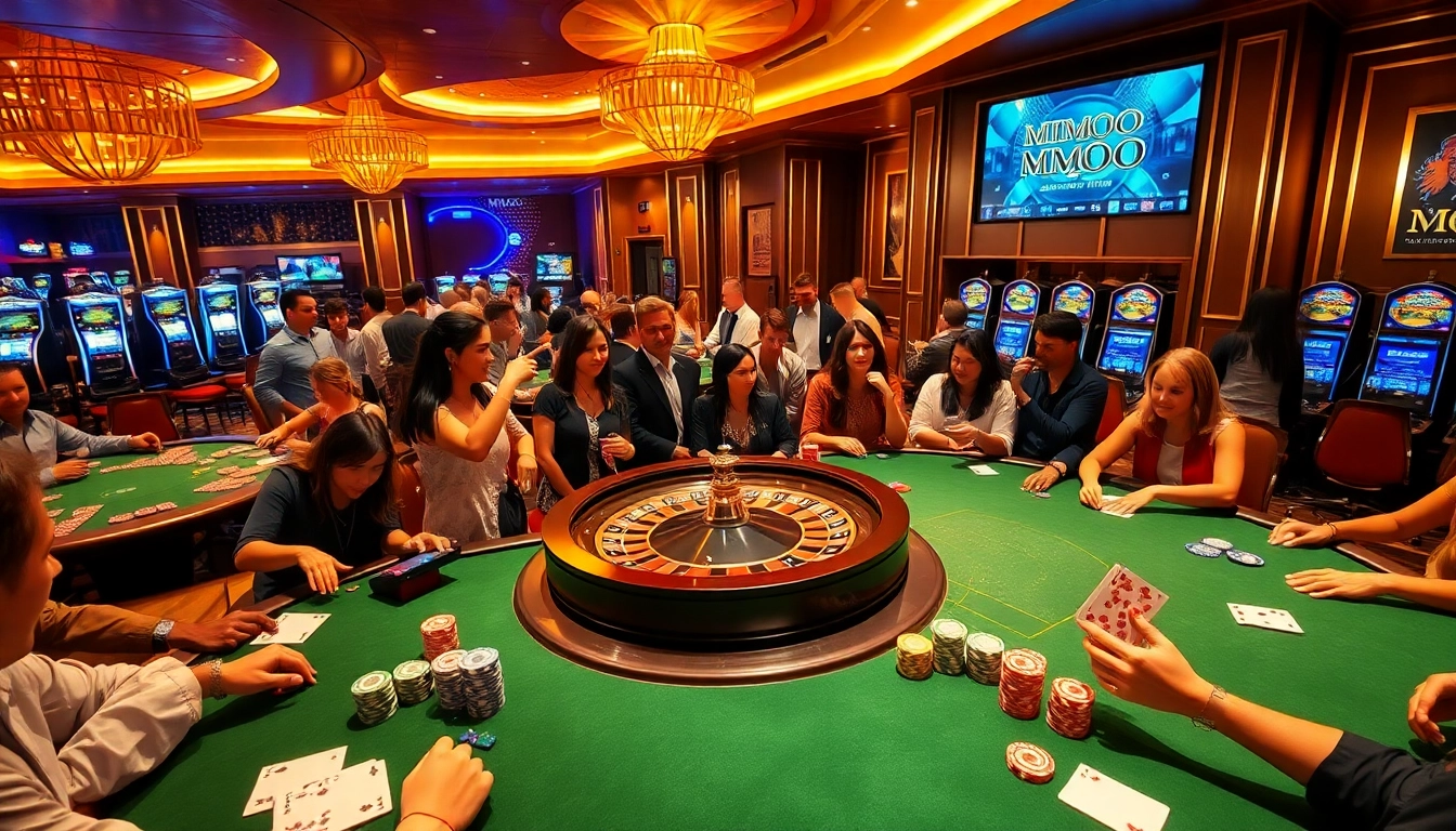 MMOO gamblers at a high-stakes poker table celebrating a big win with chips and cards.